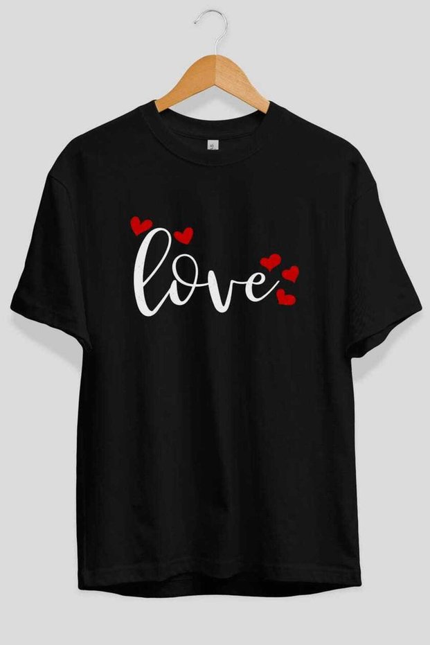 Love (3) Front Printed Black Oversize T-Shirt Men Women Cotton Crew Neck T-Shirt