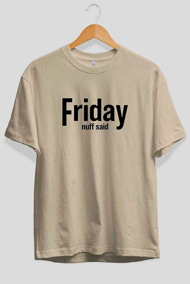 Friday Front Printed Beige Oversize T-Shirt Men's Women's Cotton Crew Neck T-Shirt