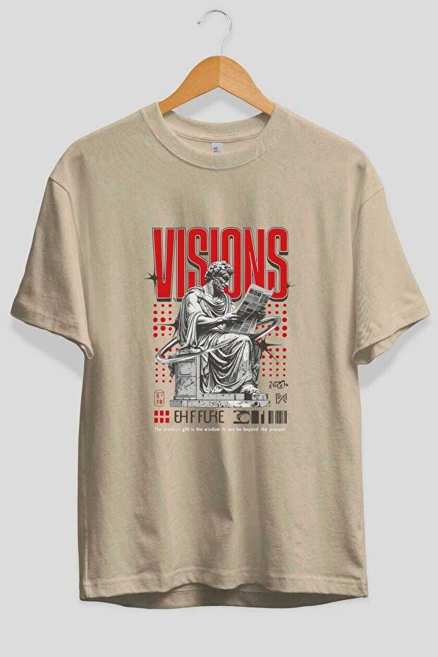Visions Front Printed Beige Oversize T-Shirt Men Women Cotton Crew Neck T-Shirt