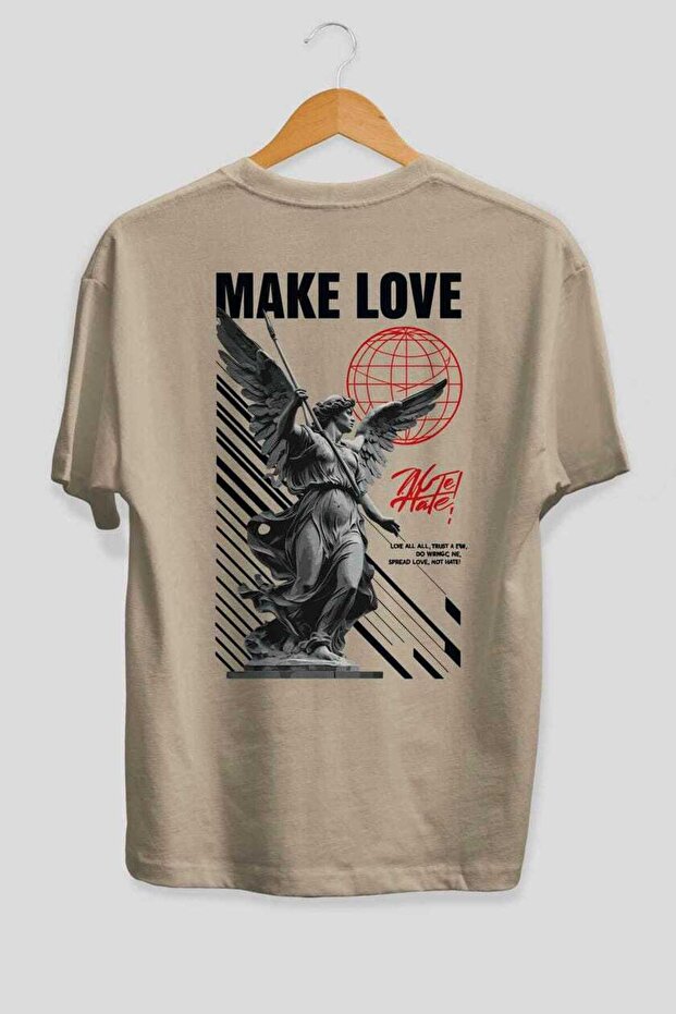 Make Love Back Printed Beige Oversize T-Shirt Men Women Cotton Crew Neck T-Shirt