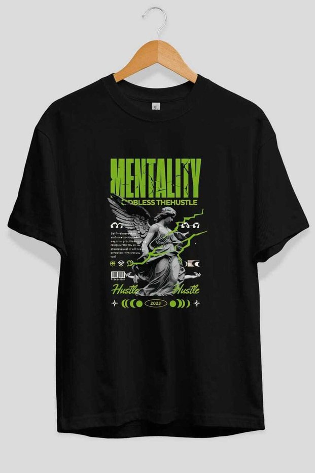 Mentality Front Printed Black Oversize T-Shirt Men Women Cotton Crew Neck T-Shirt