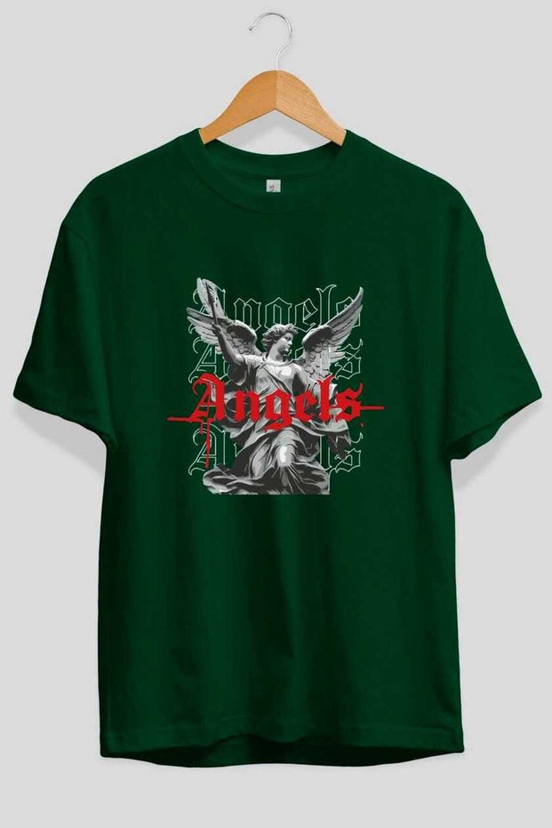 Angels Front Printed Green Oversize T-Shirt Men Women Cotton Crew Neck Tshirt