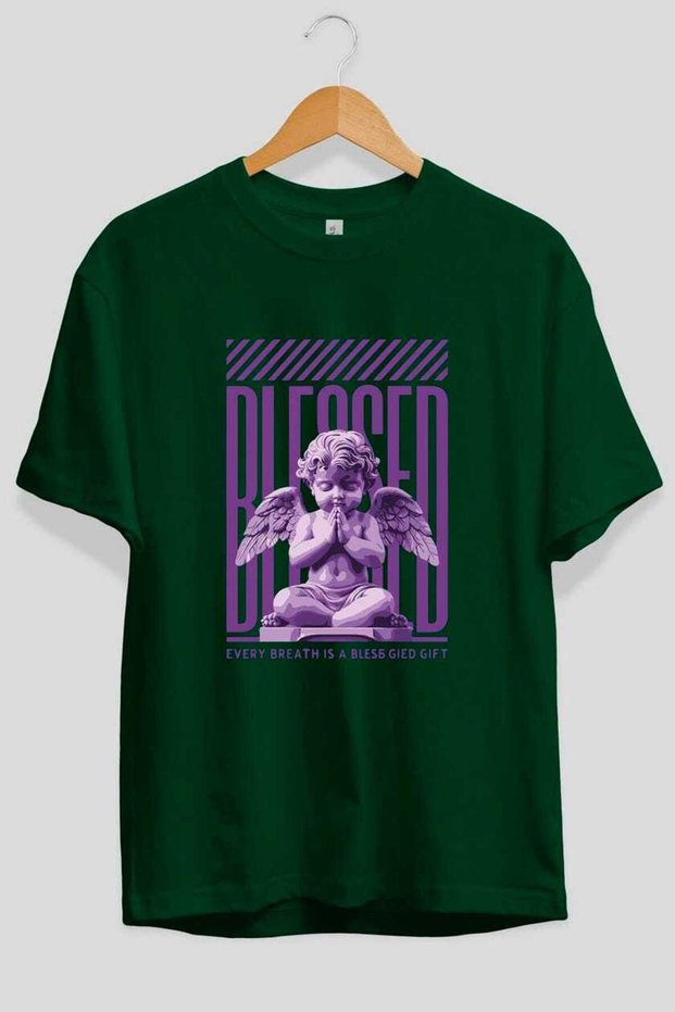 Blessed Front Printed Green Oversize T-Shirt Men Women Cotton Crew Neck Tshirt