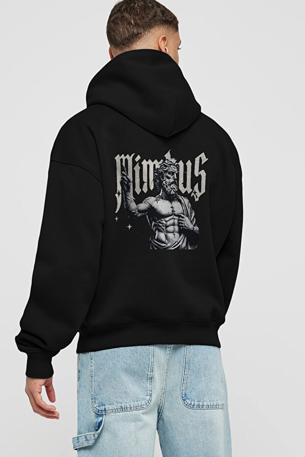 Mimbus Zeus Back Printed Black Oversize Hooded Sweatshirt for Men and Women