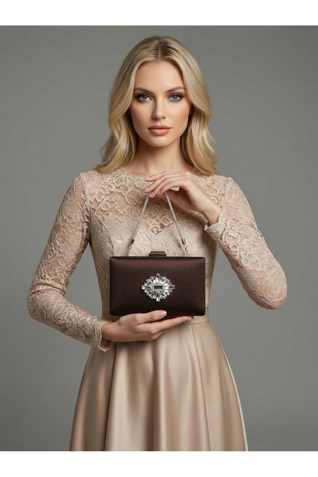 Brown Z.A.R.A. Satin Crystal Stone Embroidered Chain Women's Evening Dress Bag Wedding Engagement Graduation