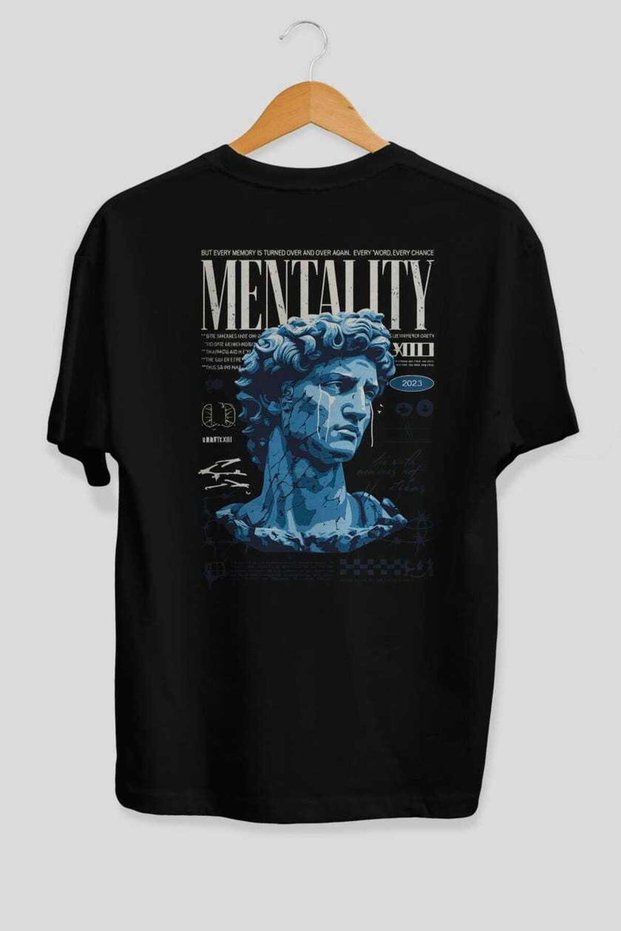 Mentality 2 Back Printed Black Oversize T-Shirt Men Women Cotton Crew Neck T-Shirt