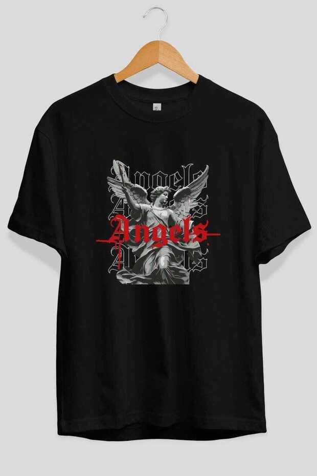 Angels Front Printed Black Oversize T-Shirt Men Women Cotton Crew Neck T-Shirt
