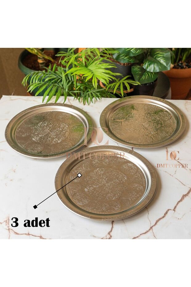 430 Quality Chrome Steel 3-Piece Tray 24 cm – Ottoman Motif, Kebap & Restaurant Presentation Tray