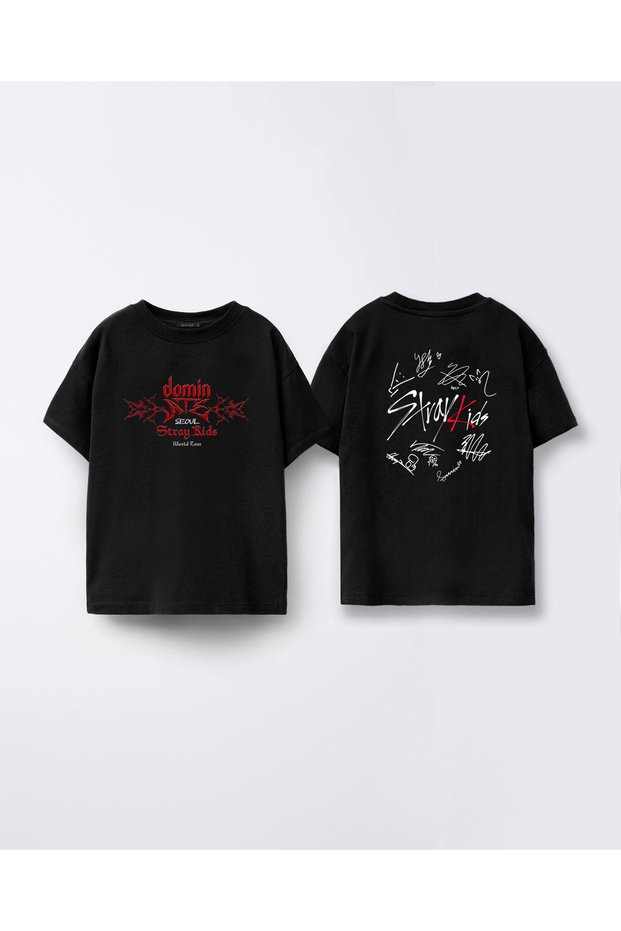 Stray Kids the Dominate Printed Crew Neck Kids Adult Black T-Shirt T-Shirt