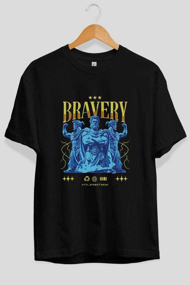 Bravery Front Printed Black Oversize T-Shirt Men Women Cotton Crew Neck Tshirt