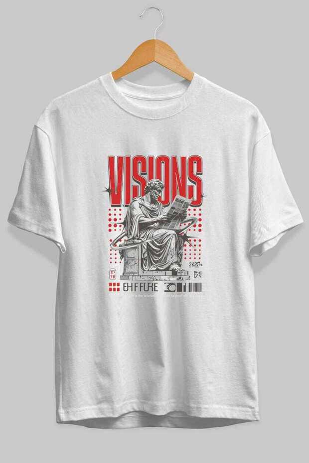 Visions Front Printed White Oversize T-Shirt Men Women Cotton Crew Neck Tshirt