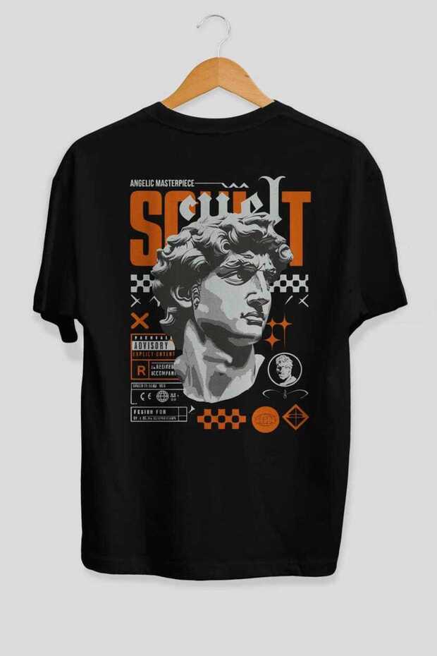 Scult Back Printed Black Oversize T-Shirt Men Women Cotton Crew Neck T-Shirt