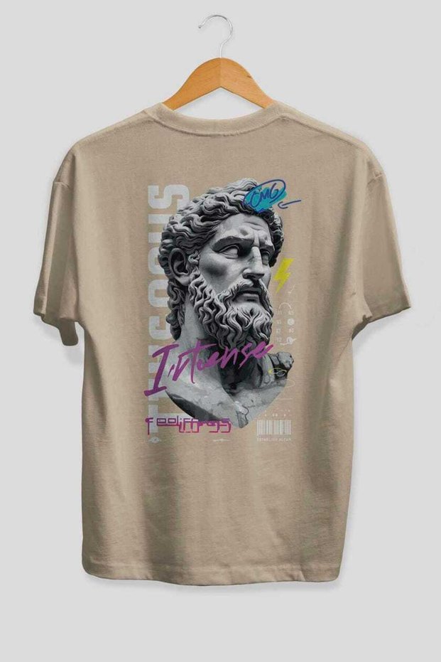 Zeus Intense Back Printed Beige Oversize T-Shirt Men Women Cotton Crew Neck T-Shirt