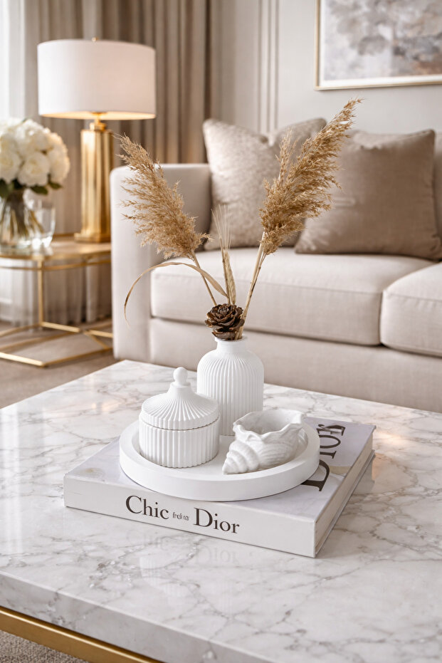 Decorative Bohemian 4-Piece Vase Set, Tray, Striped Vase, Box with Lid, and Seashell Candle Holder Set