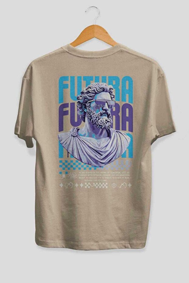 Futura Zeus Back Printed Beige Oversize T-Shirt Men's Women's Cotton Crew Neck T-Shirt