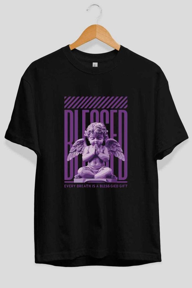 Blessed Front Printed Black Oversize T-Shirt Men Women Cotton Crew Neck Tshirt