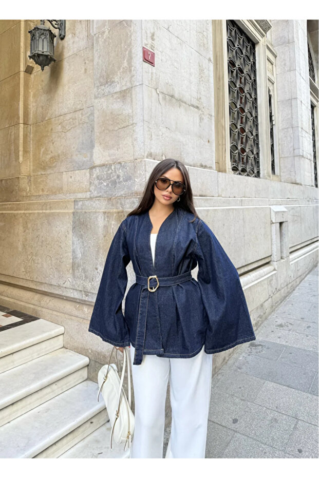 mega lucky Kadın Lacivert Denim Ceket Kemerli Modern Tasarım