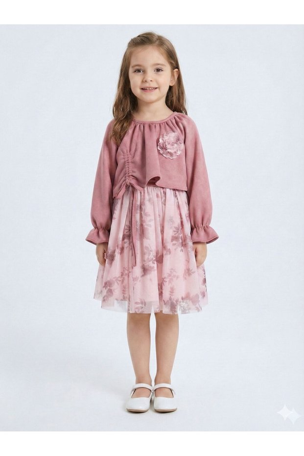Lace Detailed Waist and Sleeve Gathered Girls' Dress 4-8 Years 4418