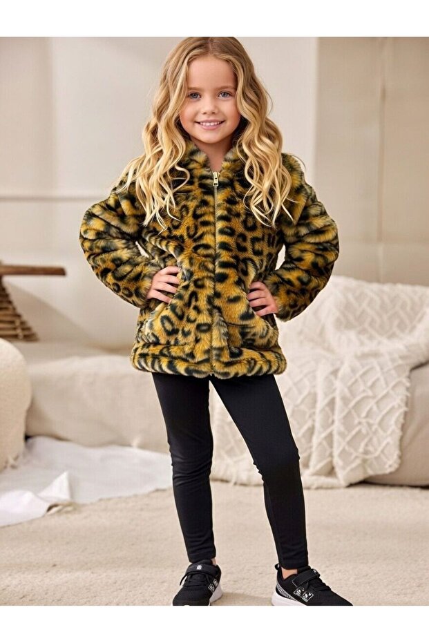 Girl's Leopard Patterned Fur Plush Coat Jacket