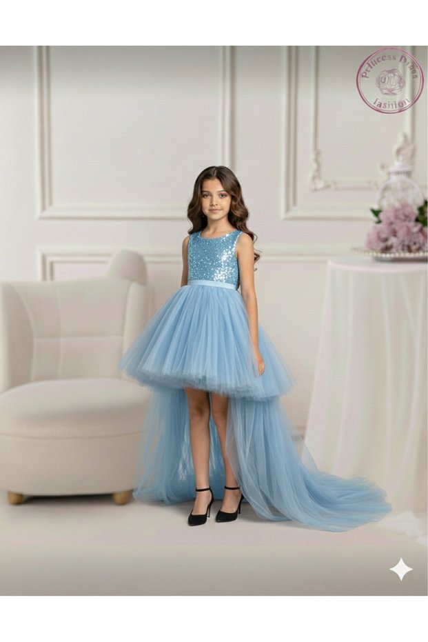 Girl's Blue Sequined Tulle Tail Graduation Dress, Evening Dress