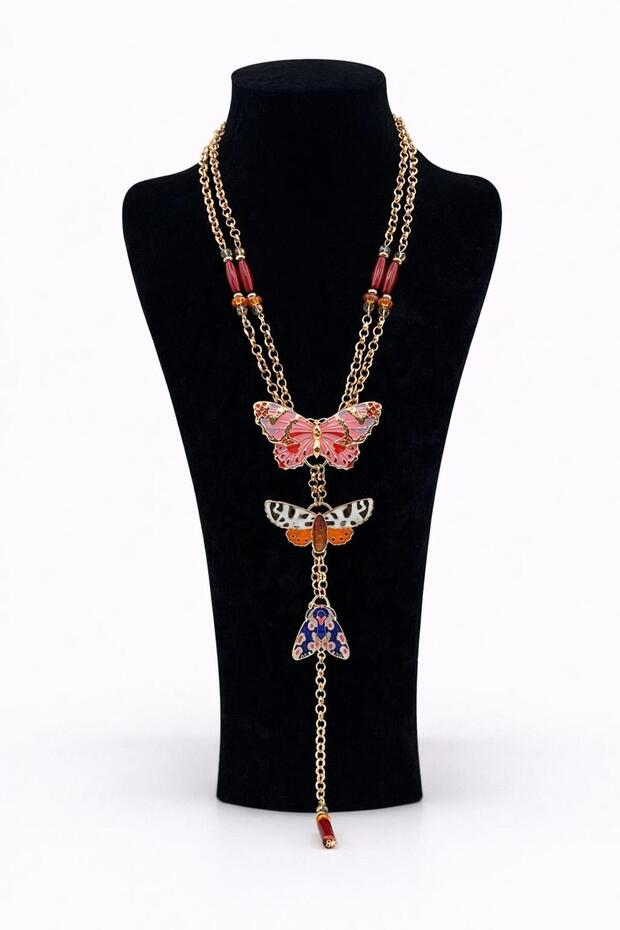 Gold Color Long Necklace with Enamel Butterfly Figure