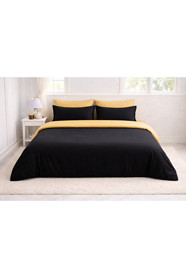 Duvet Cover Set Ranforce Double - Reversible (4-Piece) - Black - Mustard