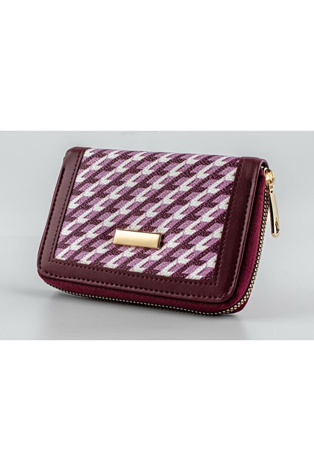 Burgundy Women's Stylish and Elegant Houndstooth Patterned Zipper Wallet