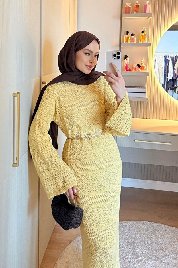 Ajur Örme Elbise Sarı - 2