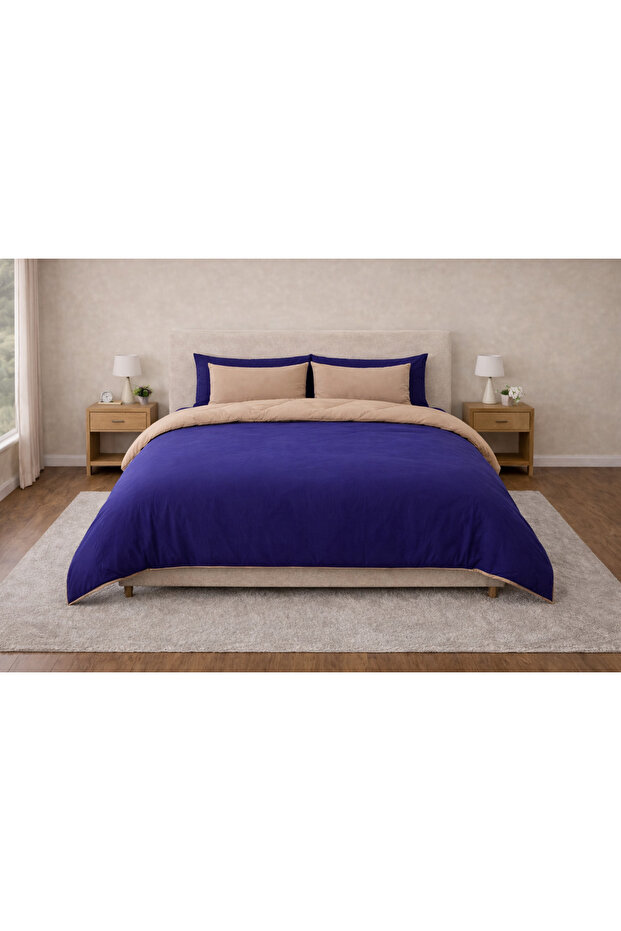 Duvet Cover Set Ranforce Double - Reversible (4-Piece) - Navy Blue - Mustard