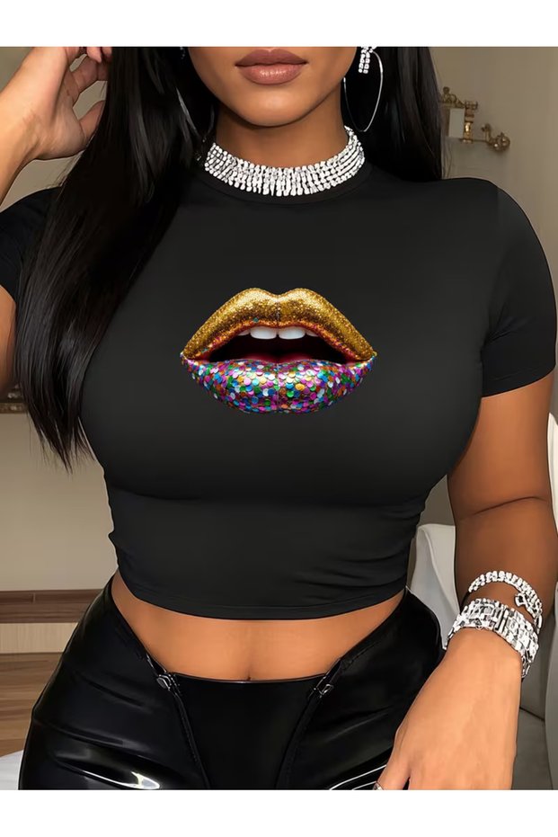 Women's Gold and Colorful Lip Print Crew Neck Baby Tee Combed Cotton Crop Tshirt