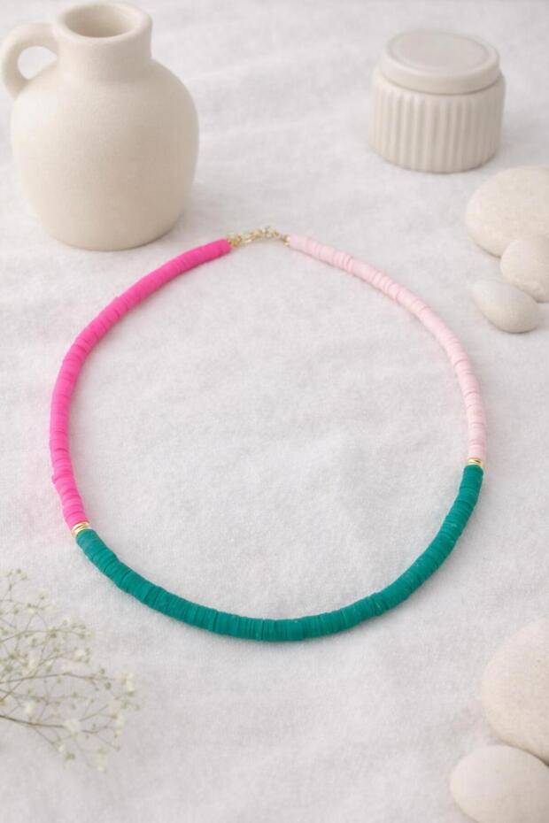 Pink & Green Handmade Fimo Bead Necklace – Pastel Tones