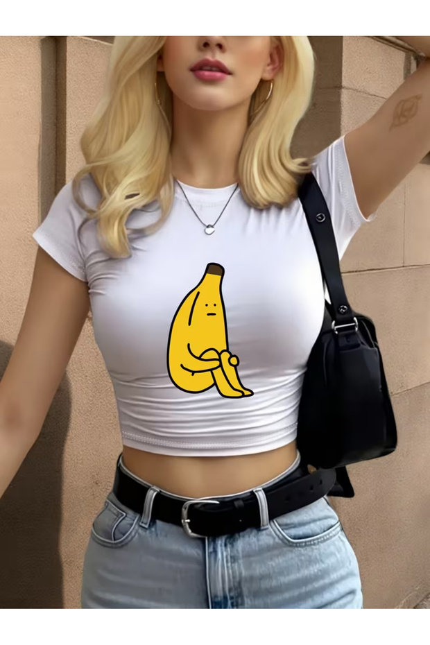 Women's Sitting Banana Printed Crew Neck Baby Tee Combed Cotton Crop Tshirt