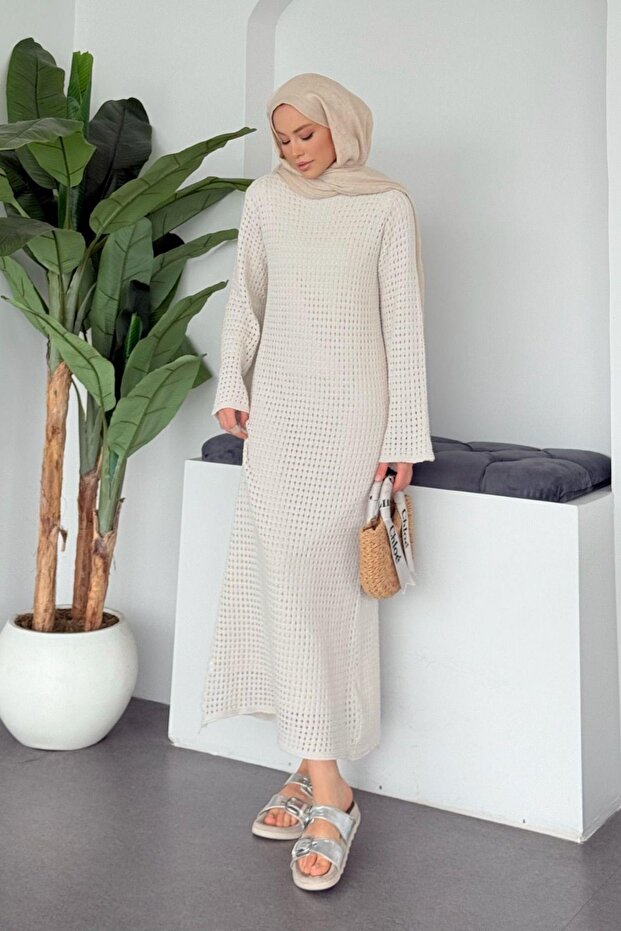 FİLE Örme Elbise Krem - 4