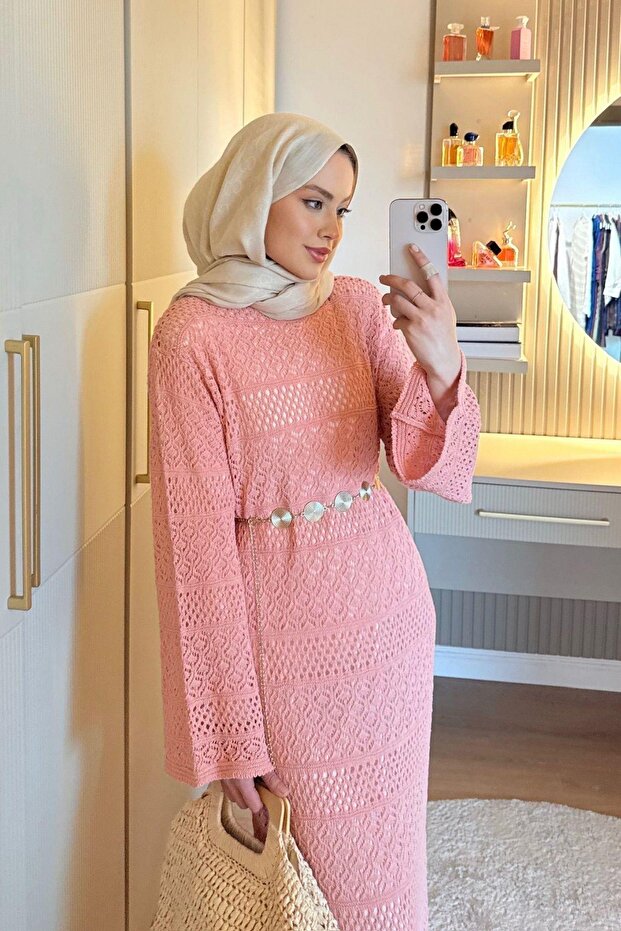 Ajur Örme Elbise Pembe - 2
