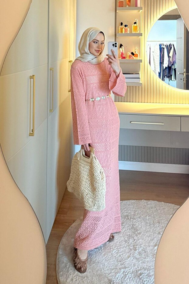 Ajur Örme Elbise Pembe - 1