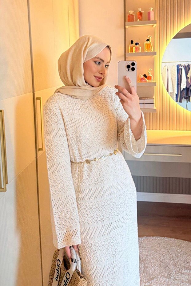Ajur Örme Elbise Krem - 2