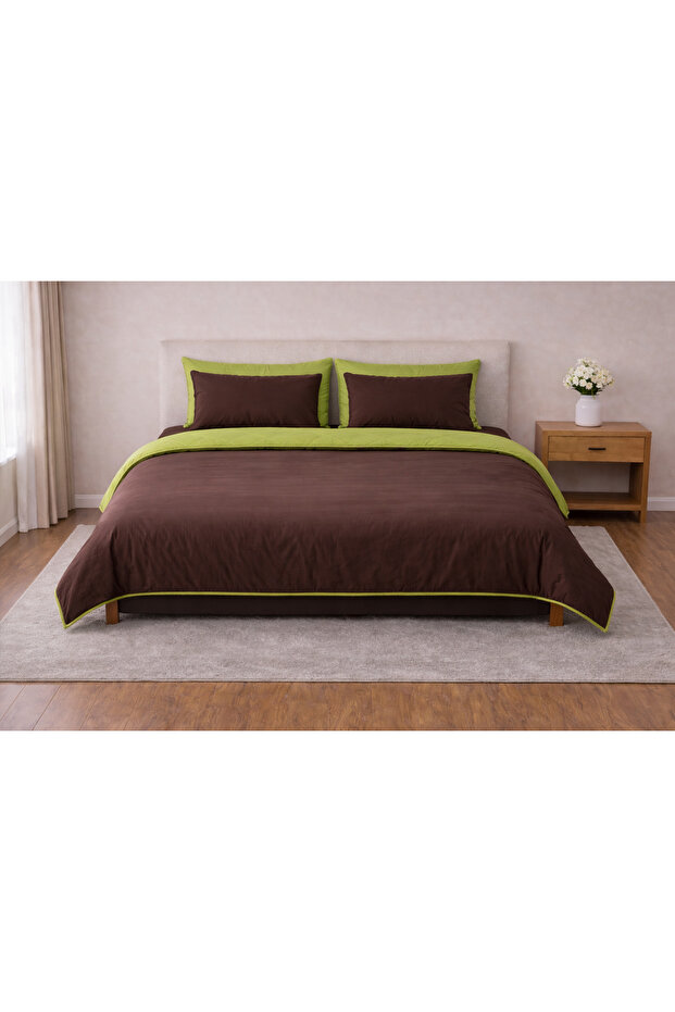 Duvet Cover Set Ranforce Double - Reversible (4-Piece) - Brown - Green