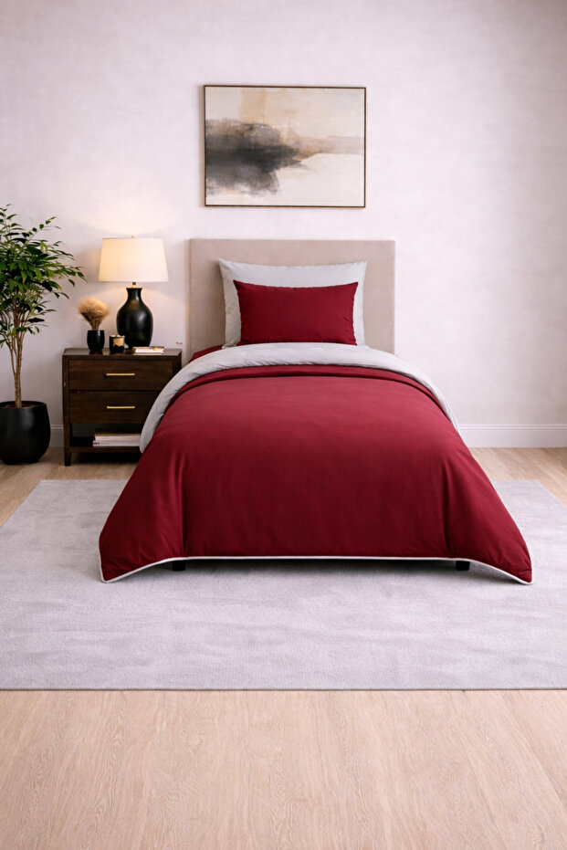 Duvet Cover Set Ranforce Single - Reversible (3-Piece) - Burgundy - Gray