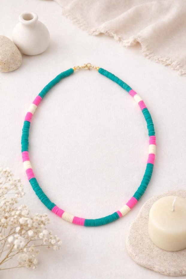Turquoise & Pink Handmade Fimo Bead Necklace – Colorful Detailed