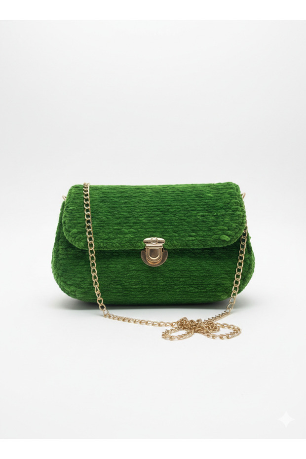 - Handmade Velvet Thread Knitted Women's Bag with Chain Strap - Green
