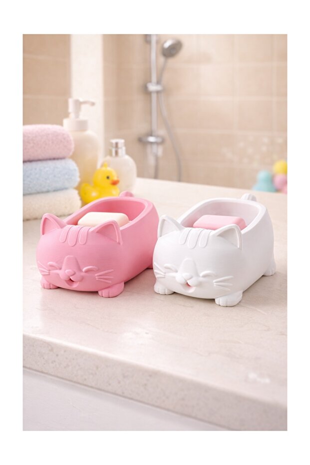 Set of 2 Soap Dishes with Cat Figures – Drainable with Water Drainage