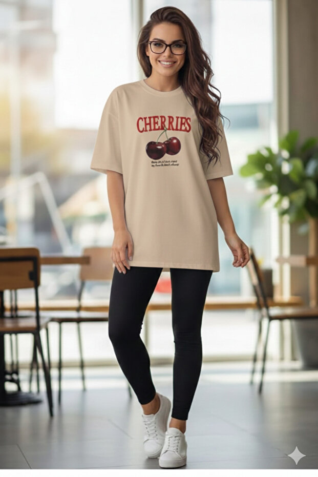 Women's Oversize Cherries Printed Beige T-Shirt