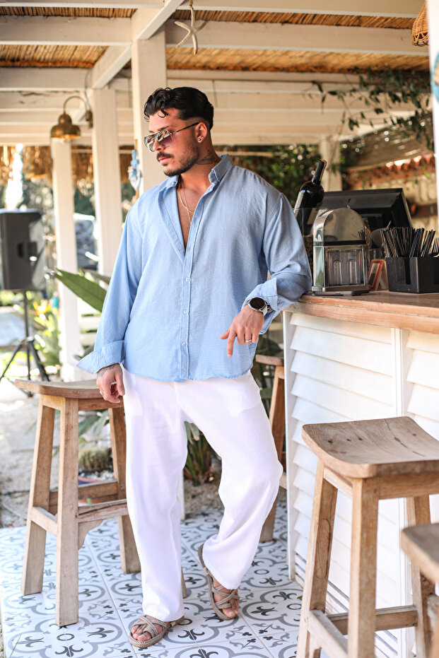 Yaka Düğmeli Basic Regular Fit Gömlek Açık Mavi - 3