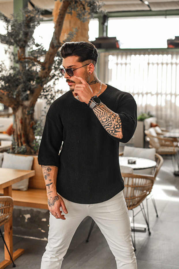 Open Collar Oversize Knitwear Tshirt Black