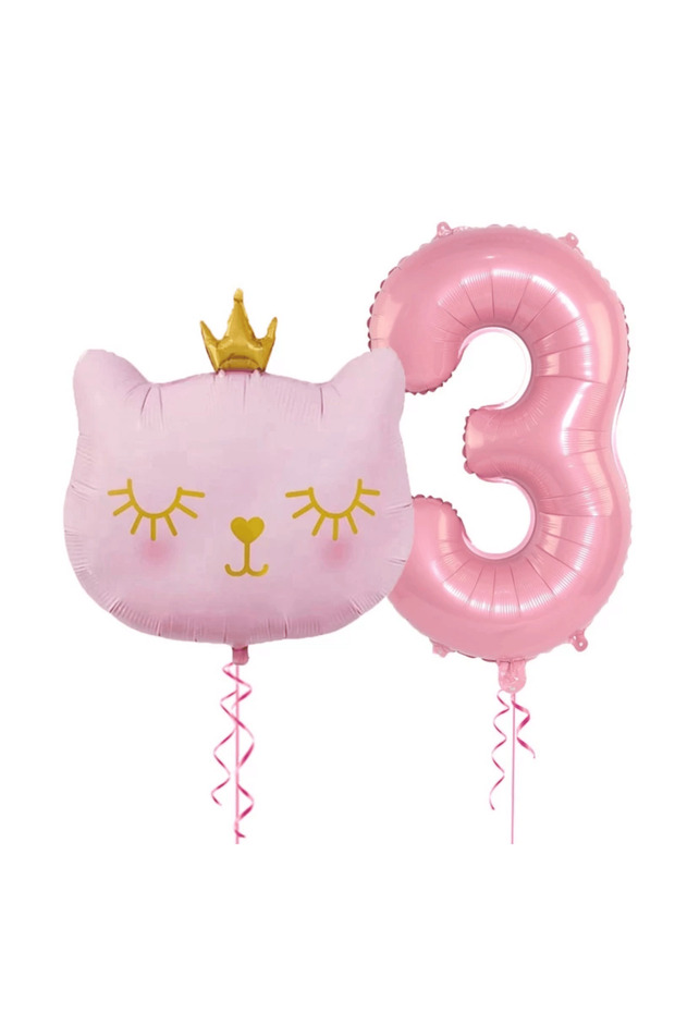 3 Year Old Retro Pink Number Cat Head Foil Balloon Set Party Decoration
