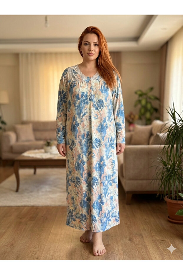 New Season Women's Blue Patterned Summer Long Sleeve Plus Size Nightgown