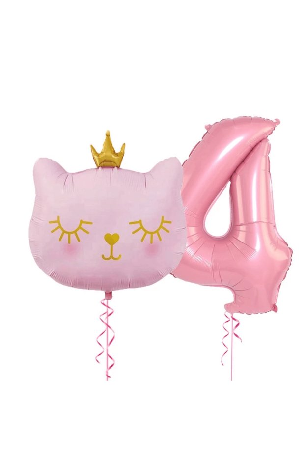 4 Year Old Retro Pink Number Cat Head Foil Balloon Set Party Decoration