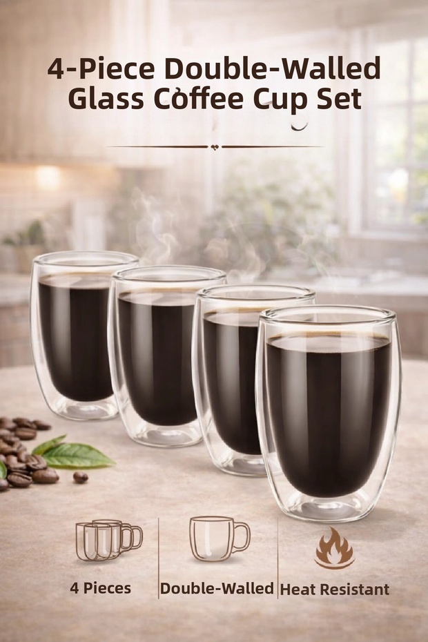 4-Piece Double Wall Glass Cup 300 ml Tea Coffee Presentation Cup with Straw Heat Resistant Mug Cup Set