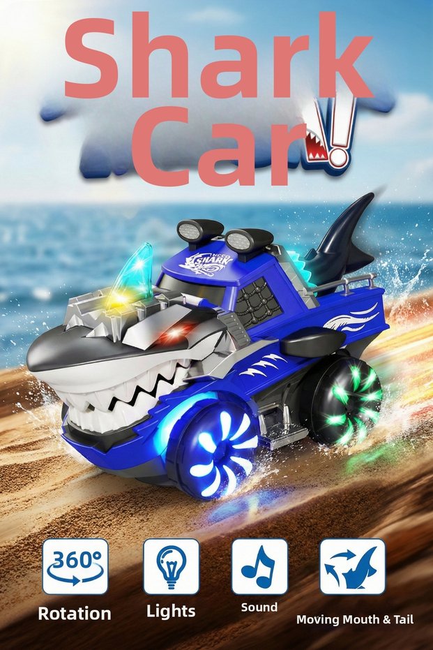 Light-Up, Sound-Up, and Moving Shark Monster Truck - 360 Degree Rotating Toy Car