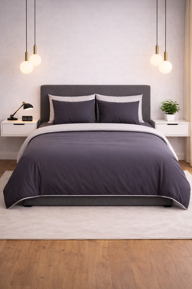 Duvet Cover Set Ranforce Double - Reversible (4 Pieces) - Anthracite - Gray